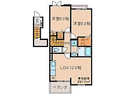 京都地下鉄東西線 小野駅 徒歩10分の賃貸アパート 2階2LDKの間取り