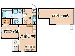 京阪宇治線 観月橋駅 徒歩3分の賃貸アパート 2階2Kの間取り