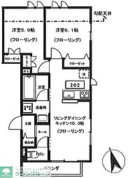 京王線 府中駅 徒歩10分の賃貸マンション 2階2LDKの間取り