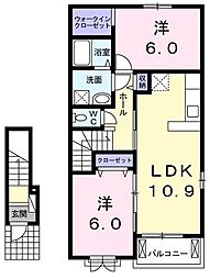 JR中央線 三鷹駅 バス15分 大沢公会堂前下車 徒歩5分の賃貸アパート 2階2LDKの間取り