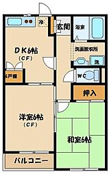 京王相模原線 調布駅 徒歩15分の賃貸マンション 2階2DKの間取り