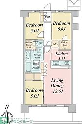 JR中央線 武蔵境駅 徒歩4分の賃貸マンション 1階3LDKの間取り