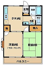 京王線 調布駅 バス10分 大沢コミュニティ下車 徒歩7分の賃貸アパート 2階2DKの間取り