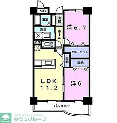 JR南武線 稲田堤駅 徒歩15分の賃貸マンション 3階2LDKの間取り
