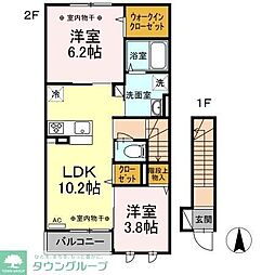 JR中央線 国立駅 徒歩8分の賃貸アパート 2階2LDKの間取り