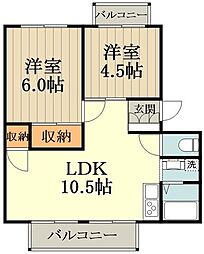 JR中央線 武蔵小金井駅 徒歩18分の賃貸マンション 3階2LDKの間取り