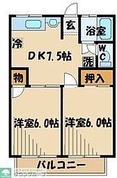 シティハイムアプリコット 2DKの間取図画像