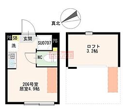ブルーレースアゲート 206 2階ワンルームの間取り