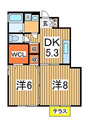 フリューゲルスB 2DKの間取図画像