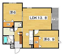 サンヴィアンテ長尾II 1階2LDKの間取り
