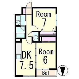 ベルヌーブ森神2 2階2DKの間取り