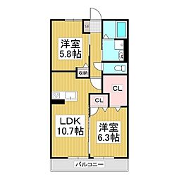 Grande広丘 A棟 2LDKの間取図画像