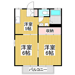 西村ハイツC棟 1階2DKの間取り