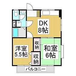下田ハイツ馬場町 3階2DKの間取り