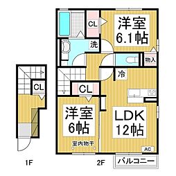 セジュール八幡イースト 2階2LDKの間取り
