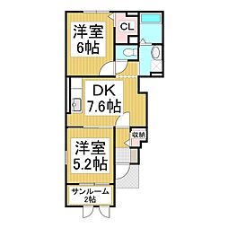 デ・ラフォーレ1棟 2DKの間取図画像