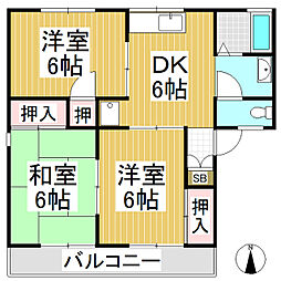 グリーンタウン三輪A棟 3DKの間取図画像