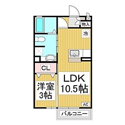 ルーエ三本柳　A棟 2階1LDKの間取り