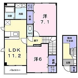 リバーウエストＢ 2階2LDKの間取り