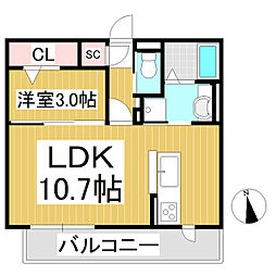 プレミール上田原 3階1LDKの間取り