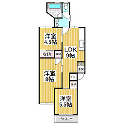 裾花コーポ 3階3LDKの間取り