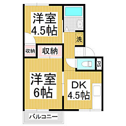プレジール白樺 2階2DKの間取り