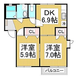 ディアスヤマーニ 2階2DKの間取り