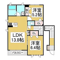 プログレス中御所 2階2LDKの間取り