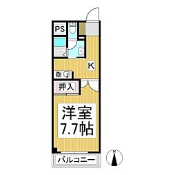 ルート南向B 1Kの間取図画像