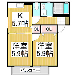 サンクレストI 2階2Kの間取り