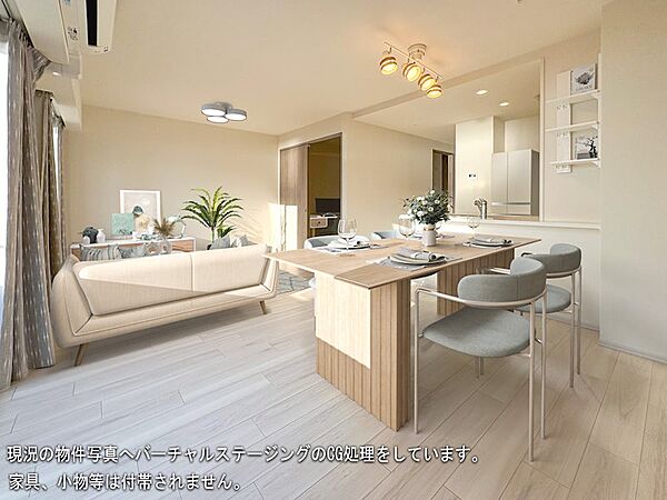 実際のお住まいをイメージした家具を置いてみました。広々としたリビングを是非一度ご確認下さいませ。