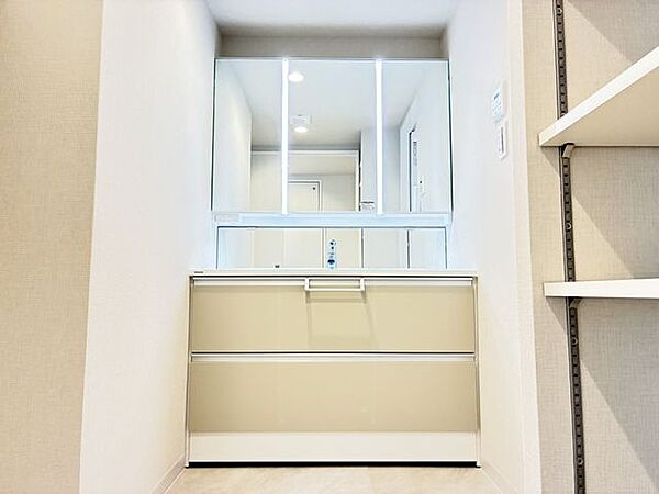 三面鏡の内側まで収納スペースを備えた、スタイリッシュな洗面台。洗面まわりの小物をすっきり収められ、使いやすさとデザイン性を両立した空間です。