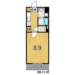 ドーム平野 4階1Kの間取り