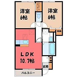 JR水戸線 下館駅 徒歩18分の賃貸アパート 1階2LDKの間取り