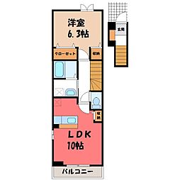 真岡鐵道 下館二高前駅 徒歩7分の賃貸アパート 2階1LDKの間取り