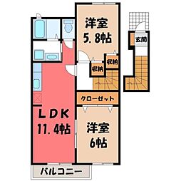 JR水戸線 川島駅 徒歩19分の賃貸アパート 2階2LDKの間取り