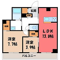 JR東北本線 小山駅 バス15分 城南小前下車 徒歩29分の賃貸マンション 1階2LDKの間取り