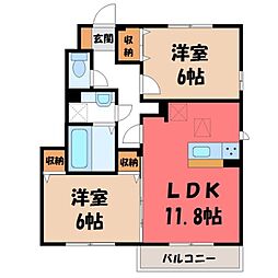 JR水戸線 東結城駅 徒歩13分の賃貸アパート 1階2LDKの間取り