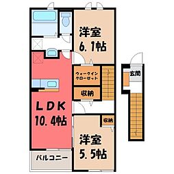 JR東北本線 小山駅 徒歩29分の賃貸アパート 2階2LDKの間取り