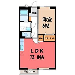 真岡鐵道 下館二高前駅 徒歩30分の賃貸アパート 1階1LDKの間取り