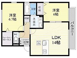 近鉄京都線 新祝園駅 徒歩5分の賃貸アパート 2階2LDKの間取り