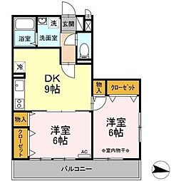 グランディールナギサワ 2階2DKの間取り