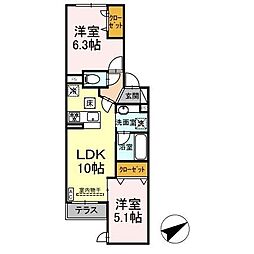 D'Bless宿河原 2LDKの間取図画像