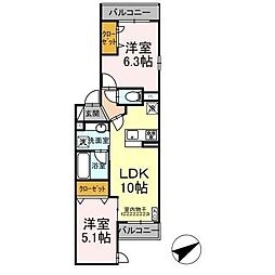 D'Bless宿河原 2LDKの間取図画像