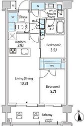 グリーンレジデンス赤坂 2LDKの間取図画像