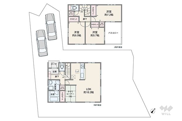 建物面積96.38平米の3LDKの間取。2022年2月築の築浅中古戸建です！畳コーナーがあります。