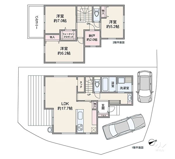 ※建築参考プラン図建物価格：1800万円（税込）外構費込延べ床面積：1階44.55?2階46.17?合計90.72??