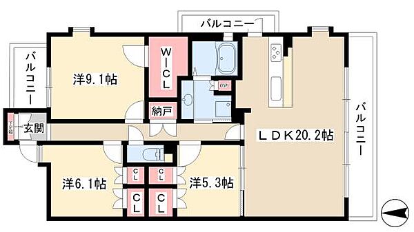 エスティメゾン東白壁 ｜愛知県名古屋市東区芳野3丁目(賃貸マンション3LDK・8階・94.62㎡)の写真 その2