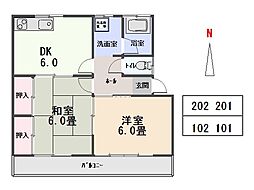 丸岡コーポ 2階2DKの間取り