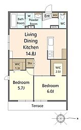 イーストウッド 1階2LDKの間取り
